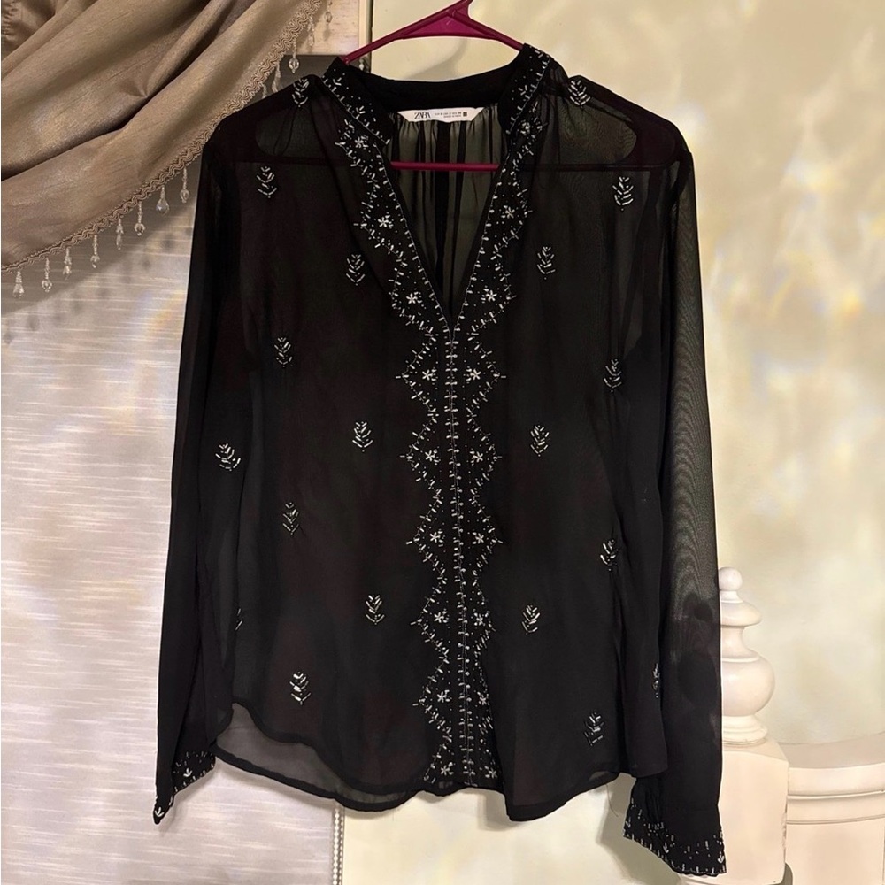 Zara Black Sheer Embroidered Blouse